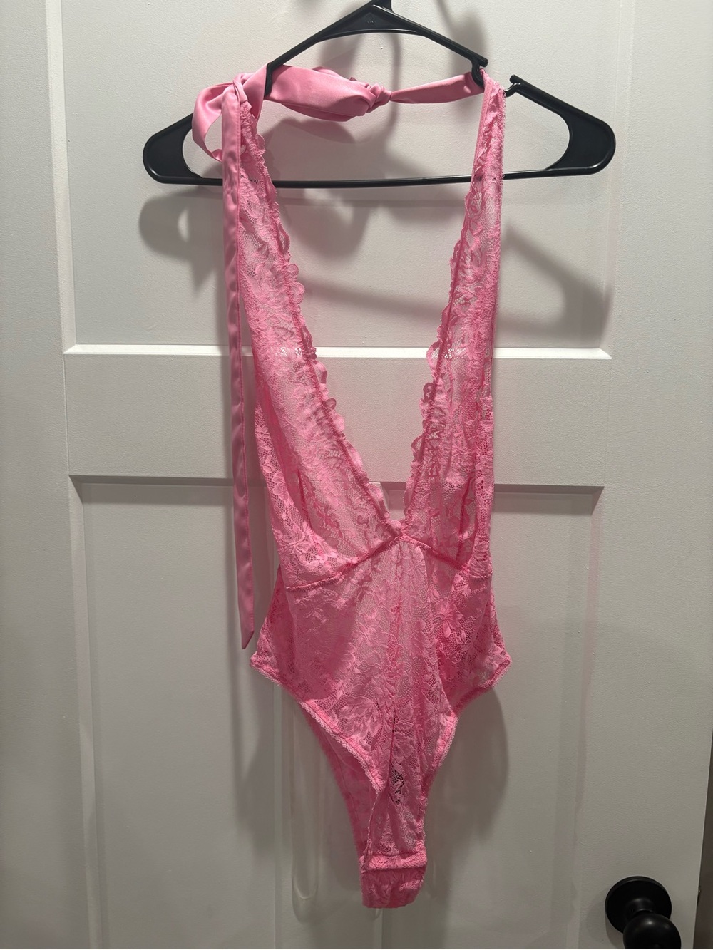 INC International Concepts Pink Lace Plunge Halter Bodysuit